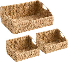 Natural Handwoven Water Hyacinth Storage Baskets – 3-Pack with Handles
