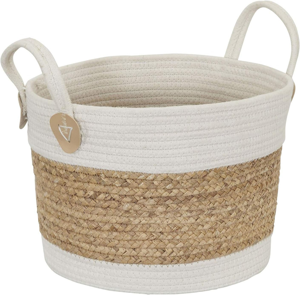 Natural and White Corn & Hyacinth Wicker Basket Tote with Handles