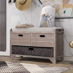 Neville 20 In. H X 32 In. W White Washed Wood Shoe Storage Bench with Cushion, R