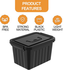 Stackable Black Plastic Storage Bins with Lids & Latches – 6 Pack