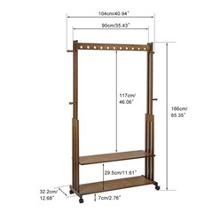 XL Movable Solid Wood Clothes Rack Clothing Rack with Shelf & Hook Garment Stand