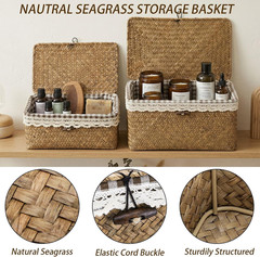 Handwoven Seagrass Storage Baskets with Lids – 2 Pack, Natural Brown