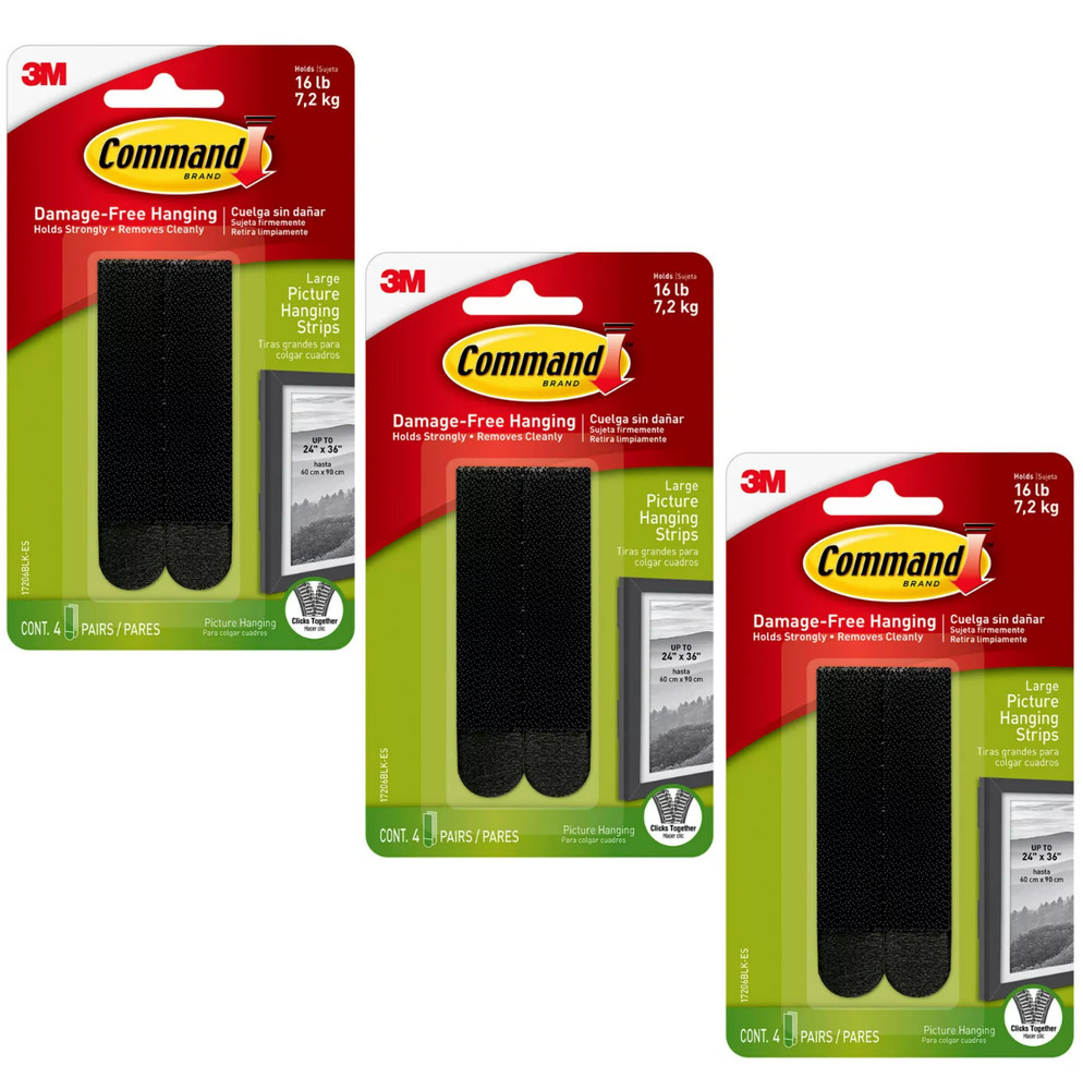 3 Pks 3M Command Large Picture Hanging Strip Black 4 Pairs/Pack (Total 12 Pairs)