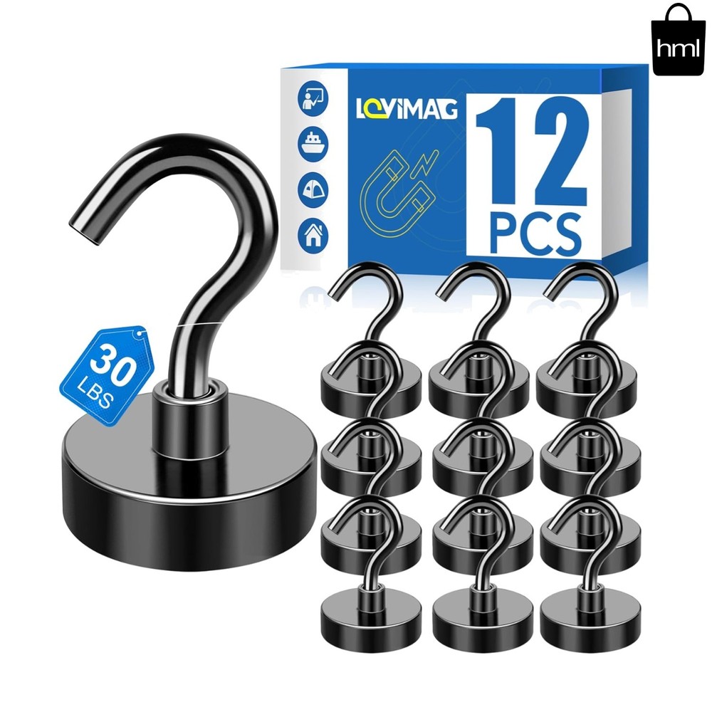 Mini Magnetic Hooks Black 12 Pack Small Magnet Strong 8Lbs for Refrigerator
