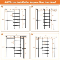 6.42FT Industrial Pipe Clothing Rack, Reversible Corner Closet System w/ 5 Shelv