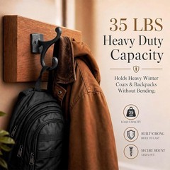 6 Pack Cast Iron Hooks Rustic Black Double Wall Hooks 35lb Capacity Farmhouse…