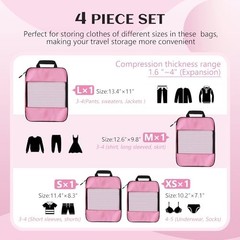 Compression Packing Cubes 4-Set Pink Zip Luggage Organizer for Travel Space