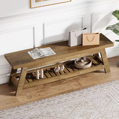 17In. H X 55 In. W Walnut Wood Shoe Storage Bench, 2-Tier Foyer Seating Bench wi