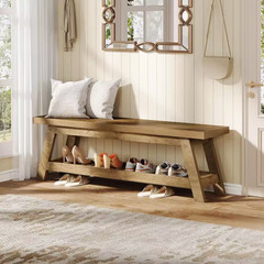 17In. H X 55 In. W Walnut Wood Shoe Storage Bench, 2-Tier Foyer Seating Bench wi