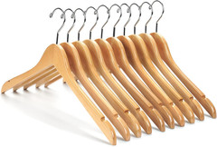 Natural Gugertree Wood Hangers with Notches & Chrome Hooks – Pack of 10