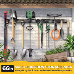 66 In. Black Metal Adjustable Heavy Duty Garage Tool Organizer Wall Rack with Ho