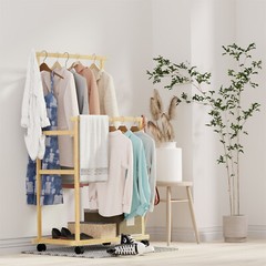 Heavy Duty Double Clothes Rail Wooden Garment Stand Hanging Rack w/Rolling Wheel