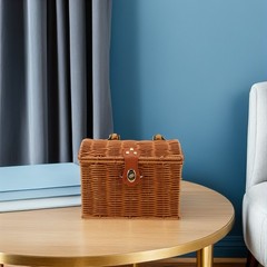 Traditional Style Light Brown Woven Mahjong Storage Box with Handle and Lid