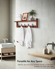 17 Inch Wooden Coat Rack Wall Mount Shelf 5 Metal Hooks Hanging Retro Walnut