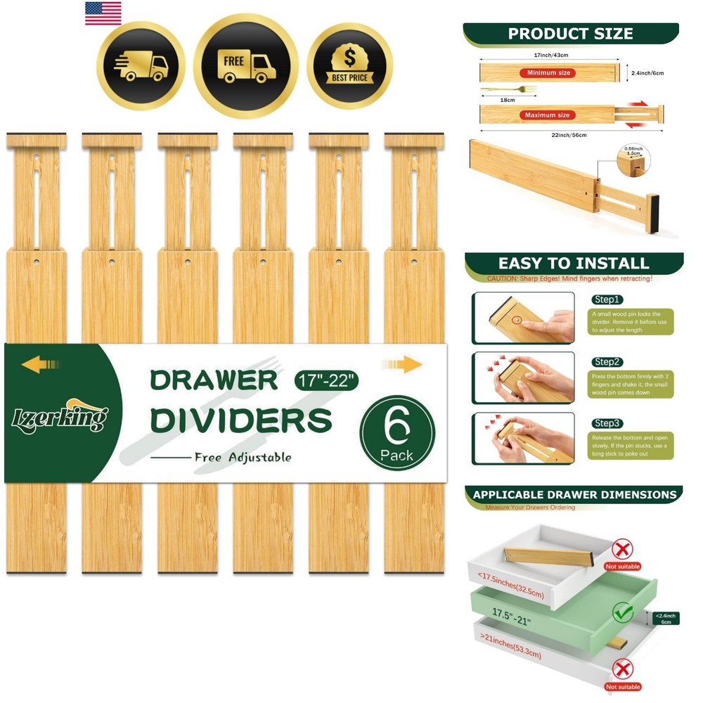Kitchen Drawer Dividers 6 Pack Expandable Bamboo Organizers Large Adjustable