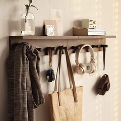 Walnut Color Wall-Mounted Wooden Entrance Coat Rack with Hooks and Shelf Rustic