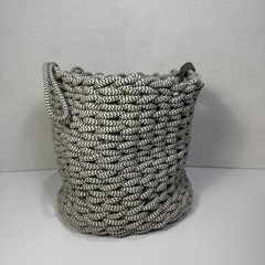 Project 62 Coiled Rope Basket Tote Fishtail Weave Gray White Faux Leather Accent