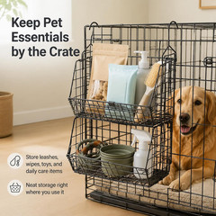 2-Tier Metal Dog Storage Organizer – Wall-Mounted Pet Toy Basket (Black)