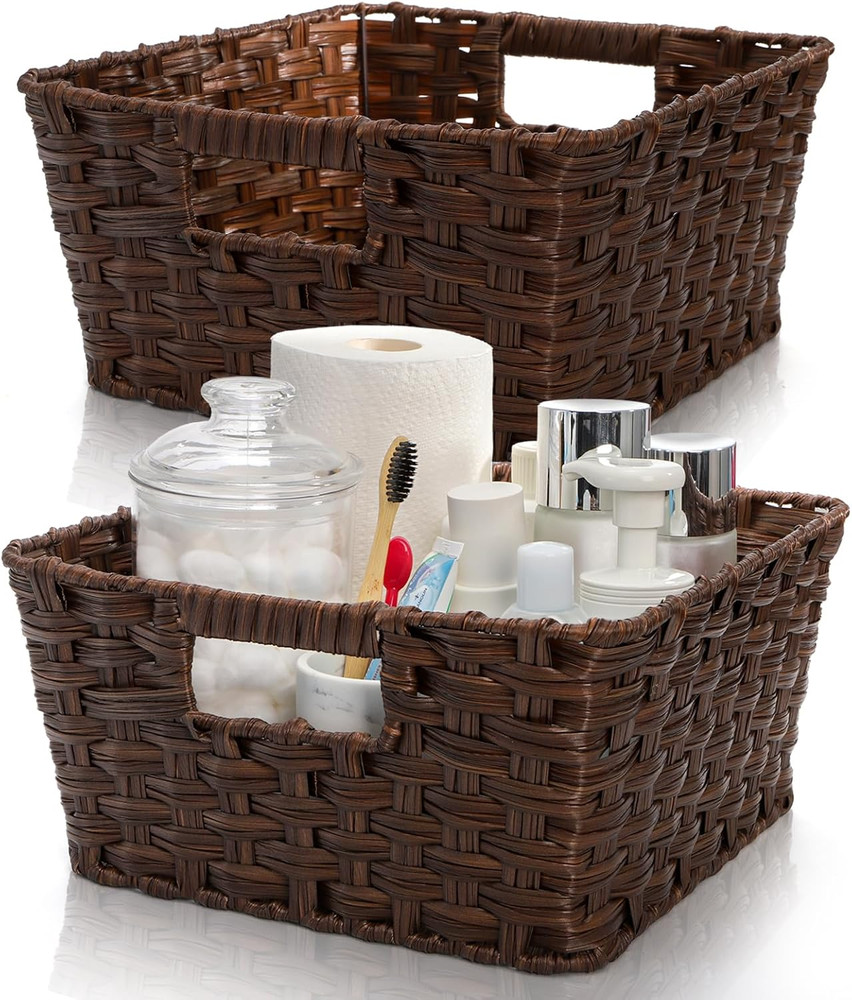 Large Woven Storage Baskets – 2 Pack Waterproof Organizing Bins with Handle
