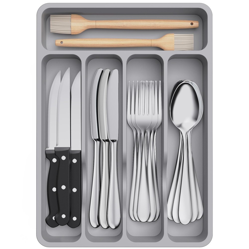 Lifewit Silverware Drawer Organizer Tray, 9.1 x 12.6 inch (5 Slots), Gray