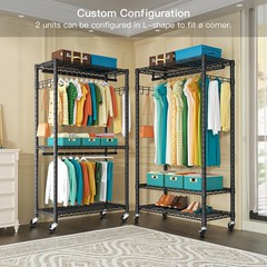 FUTASSI P1 Heavy Duty Garment Rack, 3 Tiers Adjustable Rolling Metal Closet O…