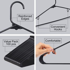 Standard Black Plastic Hangers 100 Pack w/ 2 Hooks Space Saving for Coats Skirts