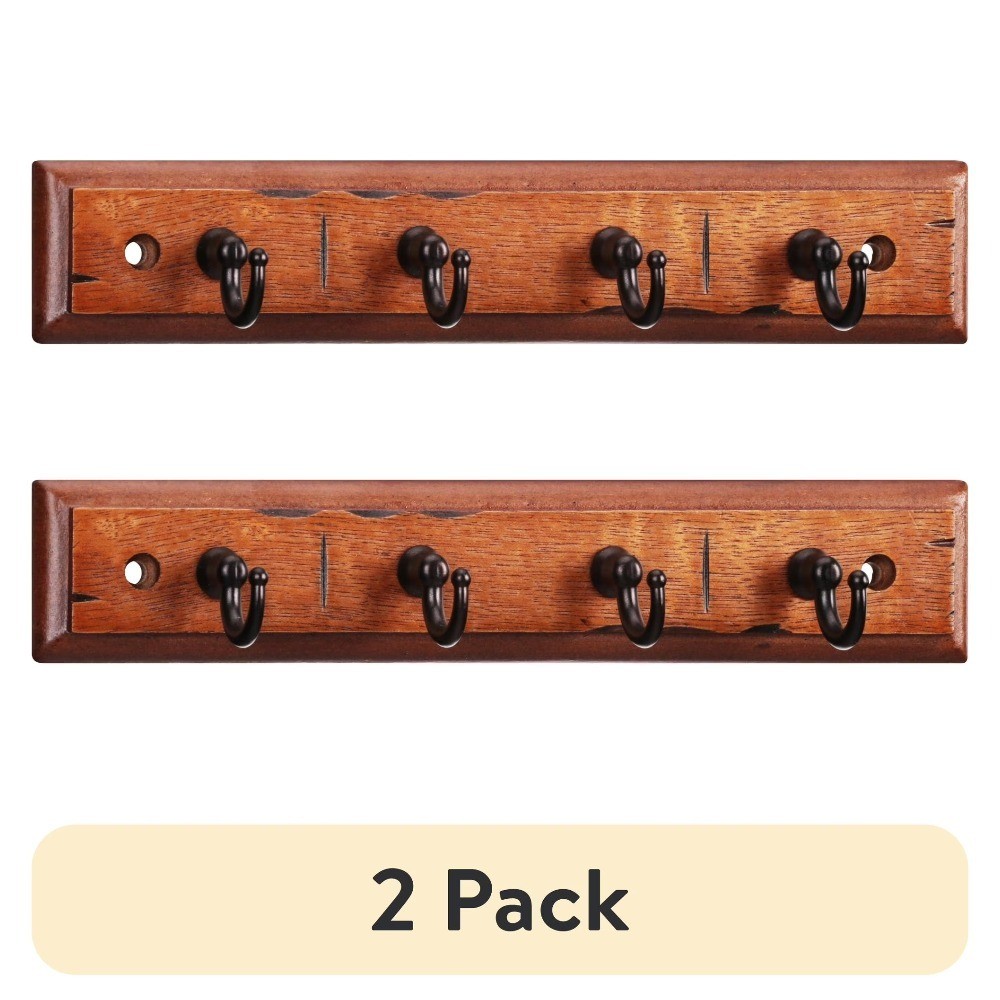 2-Pack Walnut Finish 8.75 Inch Key Rail with 4 Satin Nickel Hooks for Keys Mail