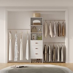 48-96 in Closet System with 3 Wooden Drawers ＆ 3 Expandable Hanging Rods ＆Towers