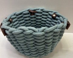 Braided Rope Storage Basket Aqua Blue w/ Faux Leather Handles Boho