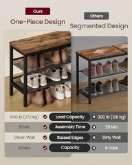 VASAGLE 3 Tier Shoe Rack Bench, One Piece 29.5″W Rustic Brown + Matte Black