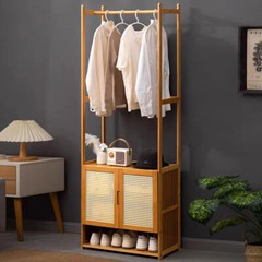 Large Bamboo Garment Rack Coat Storage Shelves Clothes Rail+ Pant Rack + Cabinet