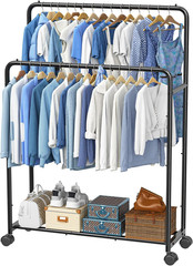 Clothing Clothes Rack Double Rods with Wheels, Rolling Metal Garment Rack for Ha