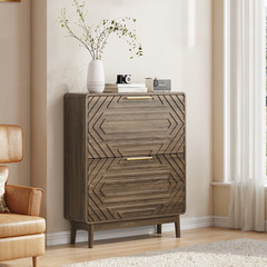 Entryway Shoe Cabinet 31.5″ Walnut Shoe Storage with Doors ,2 Flip-Top Drawer