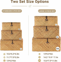 Set of 3 Natural Seagrass Storage Baskets with Lid for Home Organization