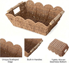Hand Woven Scalloped Storage Baskets with Wooden Handle – Set of 2