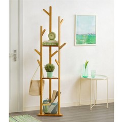 Solid Bamboo Hall Tree 10 Hook Clothes Coat Rack 3Tier Corner Home Garment Shelf