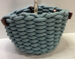 Braided Rope Storage Basket Aqua Blue w/ Faux Leather Handles Boho