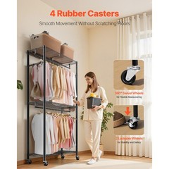 Uimoso Adjustable 3-Tier Rolling Garment Rack for Clothing Storage, Black