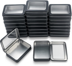 24 Pack Black Rectangular Metal Storage Tins with Clear Hinged Lids