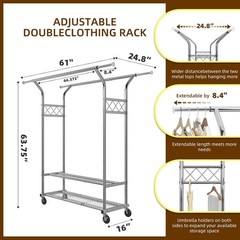 Heavy Duty Clothing Clothes Rack for Hanging, Rolling Double Rod Garment Rack