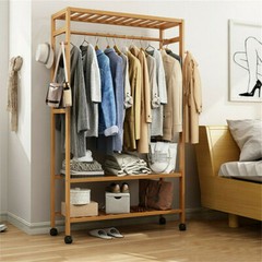 Bamboo Clothes Rail Scarf Cart Hanging Garment Coat Rack w 3 Tier Storage Shelf