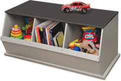 Stackable 3-Bin Storage Cubby in Woodgrain Gray with Display Shelf for Toys & Cr