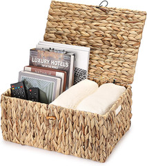 Natural Wicker Storage Basket with Lid and Handles – 15.7″x11″x7.5