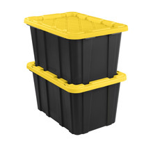 Sterilite 27 Gal Large Storage Bin Tote Snap-On Lid Black Yellow 6 Pack NEW !!