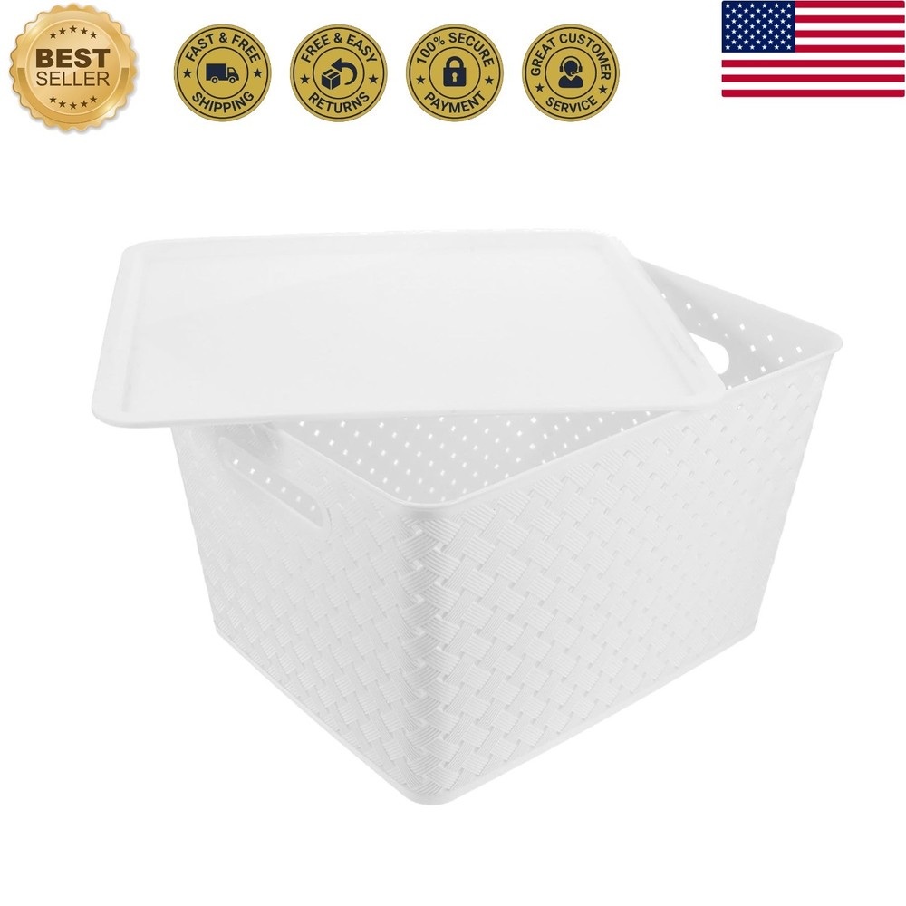 White Plastic Storage Basket with Lid and Handles Versatile Organizer Bin for…
