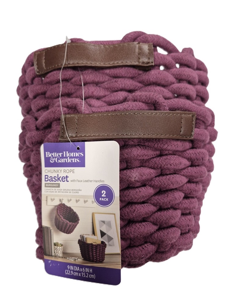 NWT 2-Pk Better Homes & Gardens Chunky Rope Baskets Burgundy Faux-Leather Handle