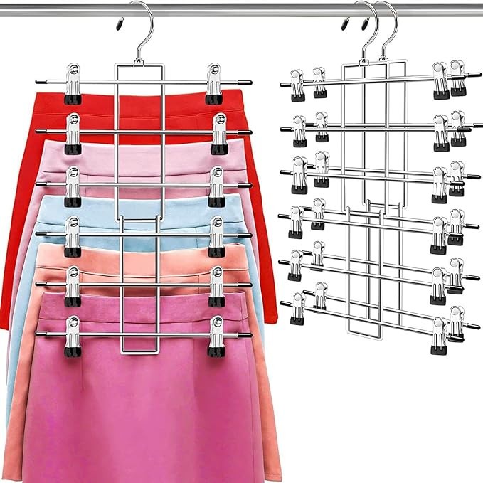 2 Pack 6 Tiers Pants Skirt Hangers with Clips and 360° Swivel Hook Space Saving