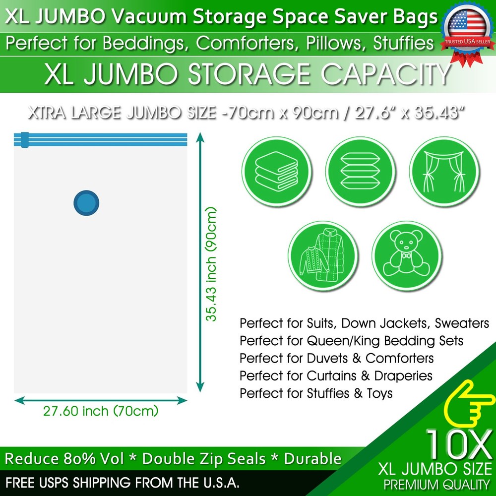 XL Jumbo Vacuum Storage Bags Comforters Bedding Clothes Space Saver w/ Hand Pump