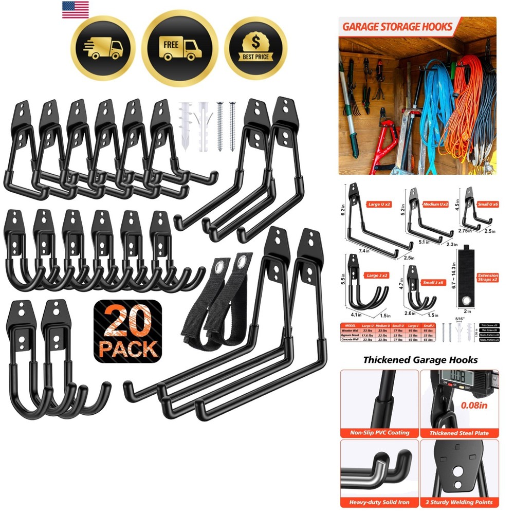 20 Pack Heavy Duty Garage Hooks,Solid Steel Wall Mount Hangers,with Anti-Slip…