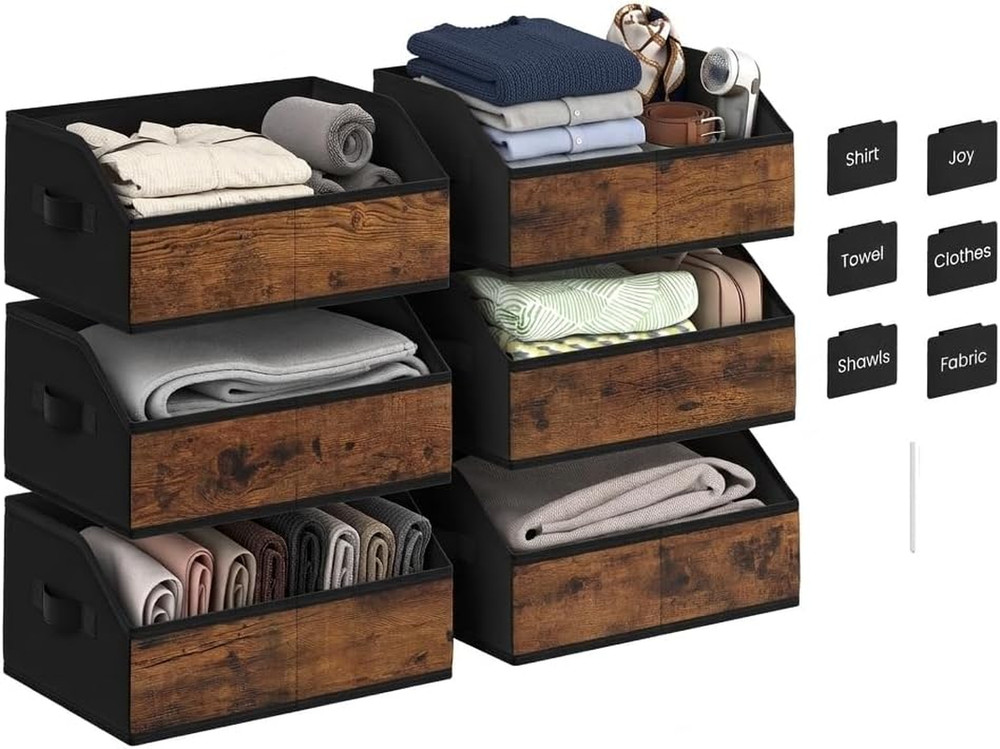 Trapezoid Closet Storage Bins 6 Pack with Handles & Labels – Rustic Brown/Black